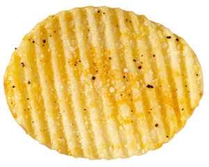 A macro close-up of one perfectly curved potato chip, showing fine salt grains, crunc 