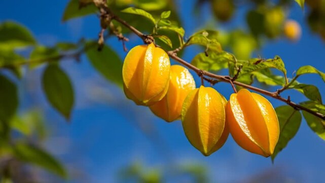 Star fruit branch with ripe fruit against a blue sky background