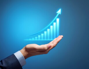 Growth Trajectory in Hand: A single hand cradles a glowing upward-trending bar graph, symbolizing growth, progress, and financial success. The image is bathed in a serene blue hue.