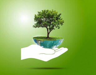 Nurturing the Planet: A vibrant visual representing the environment, showcasing a verdant tree thriving upon a miniature world, cradled delicately within a supporting hand.