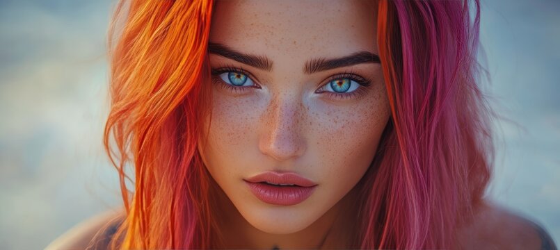 Beautiful portrait of a model with blue eyes and vibrant red orange hair against a dreamy backdrop.