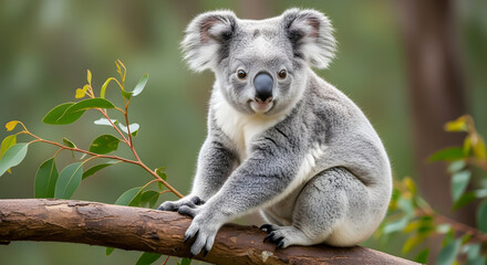 Obraz premium Cute Koala Clinging To A Branch In Green Forest, Adorable Australian Mammal