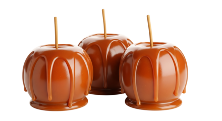 Three glossy caramel apples, with wooden sticks dripping with rich brown caramel sauce, isolated on transparent background, cutout, PNG