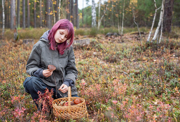 Girl foraging wild mushrooms in autumn forest