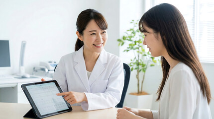 Female doctor explaining diagnosis to patient using tablet healthcare consultation in modern clinic medical professional showing test results
