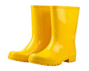 A pair of bright yellow rubber rain boots standing upright side by side, clean front