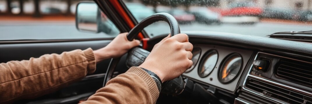 Fototapeta Close-Up of Hands Gripping the Steering Wheel of a Vintage Car, Showcasing Classic Automotive Design