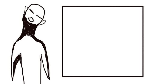 A sly cartoon character stands and narrates something. There's a frame nearby for inserting information for the audience.