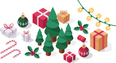 Isometric Christmas holiday decoration set with gifts, pine trees, ornaments, candy canes, holly leaves, festive lights, winter celebration elements, vector
