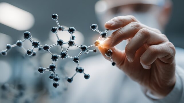 Scientist examining a molecular structure model in a laboratory setting