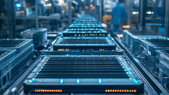 selective focus industrial factory producing battery components moment