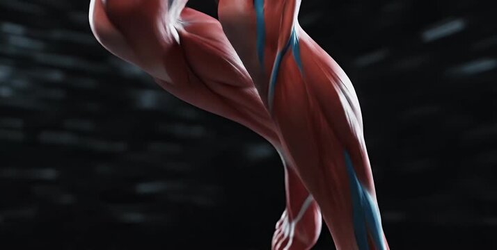 Detailed view of human leg muscles and veins.