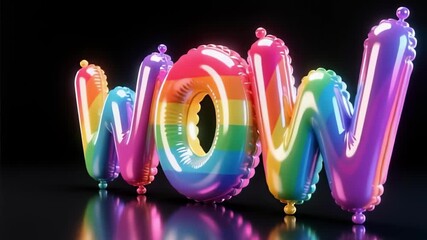 Vibrant rainbow WOW balloons celebrate pride month with dynamic reflections and movement