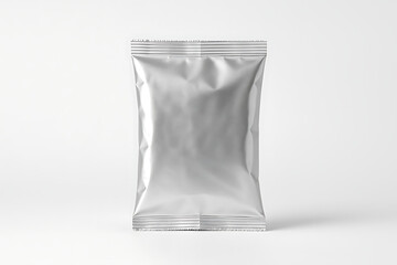 Silver metallic foil standing food packaging bag or pouch with seal isolated on white background for coffee tea spice product design mockup
