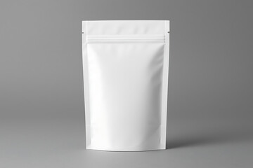 Blank white tall stand-up spout pouch doypack food packaging bag with zipper on isolated light gray background for branding mockup