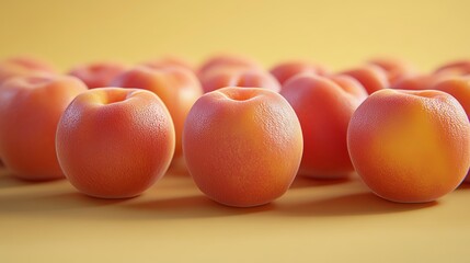 A colorful display of ripe apricots with smooth skin on a bright yellow background, fresh.