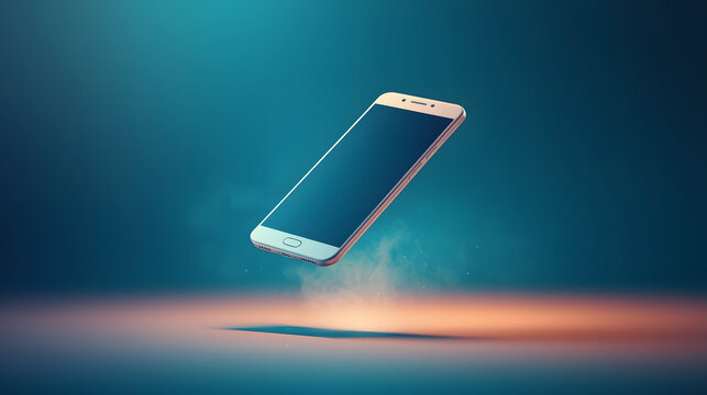 Floating Smartphone: A sleek, modern smartphone levitates gracefully, its screen illuminated against a vibrant backdrop, symbolizing connectivity and innovation.