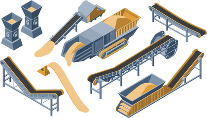 Isometric stone crushing plant with conveyor belts, industrial crushers, material processing equipment, quarry production machinery and automated aggregate handling system illustration