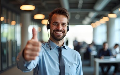 Positive male customer service representative giving a thumbs up in a busy office. High quality