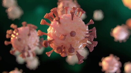 3D animation of SARS-CoV-2 virus with glowing spike proteins attaching to human ACE2 receptors. - Powered by Adobe
