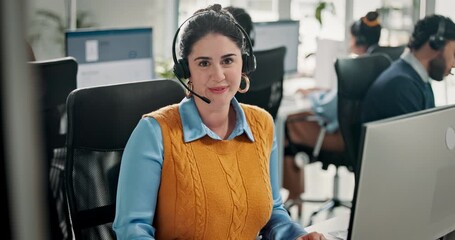 Telemarketing, woman face and staff in call center with technology, customer service and about us. Professional, lead generation or people with headset for contact us in office, smile or sales pitch - Powered by Adobe