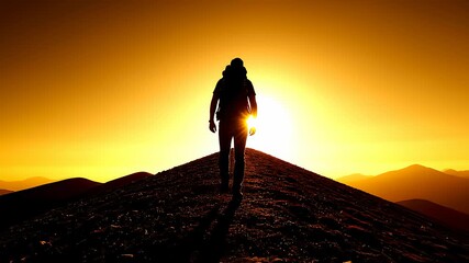 Silhouette of Hiker Ascending Mountain at Sunset With Golden Light