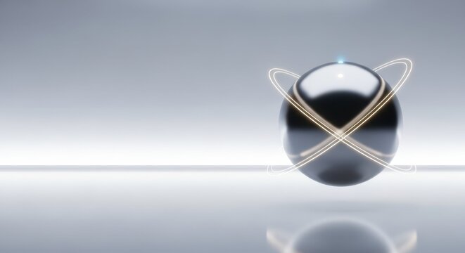 Conceptual rendering with Bluetooth connectivity in a futuristic style. Concept showcases NFC technology with rings orbiting sphere, modern RFID system, and metallic reflection on smooth surface.