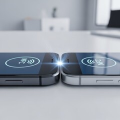 Near field communication with two modern smartphones transferring data using Bluetooth. NFC connection between smartphones is seamless with contactless transfers for technology integration.