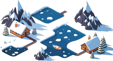 Isometric winter landscape illustration with snowy mountains, frozen lakes, wooden cabins, pine trees, docks, and small boat, cozy holiday scene