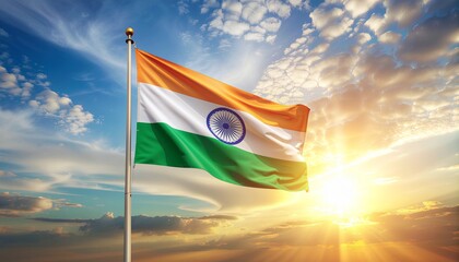 Indian flag waving proudly against a vibrant sky with golden sunlight, symbolizing patriotism and national pride.