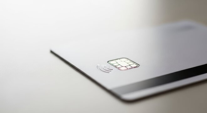 Macro of a contactless payment card displaying Bluetooth, NFC and RFID technology. Close up of credit card with chip and magnetic stripe detail, showcasing modern electronic payment methods.