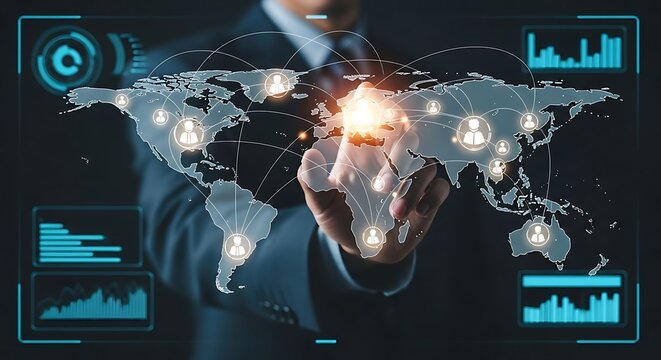 Businessman interacting with a futuristic global digital network interface