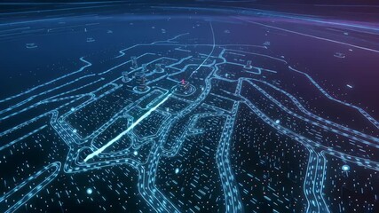 Abstract digital map of a futuristic city network with glowing blue lines and data points, showing a directed path. - Powered by Adobe