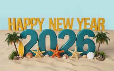 2026 happy new year on tropical beach illustration