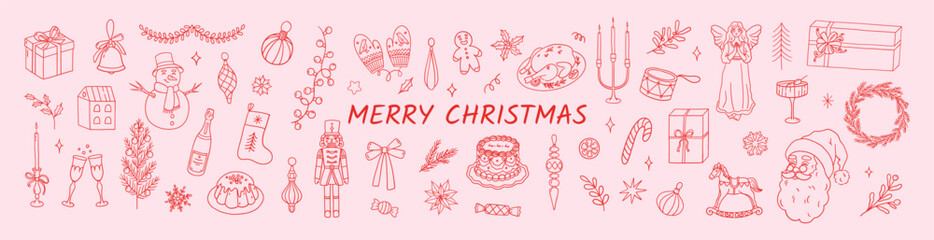 Collection of vintage Christmas icons and holiday characters. Hand drawn illustration in sketch line style.