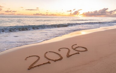 2026 written in sand on beach at sunset illustration