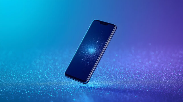 Smartphone technology elegance: A modern, sleek smartphone is showcased, set against a dynamic gradient of blues and purples.