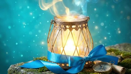 Enchanting glowing lantern with blue ribbon and compass on mossy ground, magical blue bokeh background with sparkling lights - Powered by Adobe
