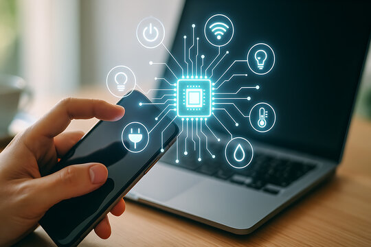 Smart home technology and internet of things concept with smartphone controlling connected devices through holographic digital interface system