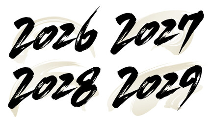 2026、2027、2028、2029と書いた筆文字と背景用の筆模様のベクター素材のセット