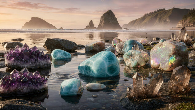 Colorful larimar amethyst and opal gemstone crystals reflect sunlight on a serene beach at sunset near rugged cliffs