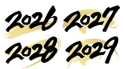 2026、2027、2028、2029と書いた筆文字と背景用の筆模様のベクター素材のセット