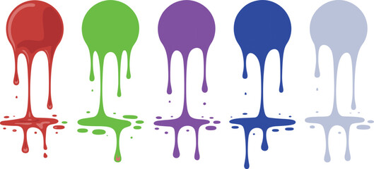 Red dripping liquid vector set on dark background, horror blood effect design, spooky splash elements, Halloween graphic collection, realistic drips illustration