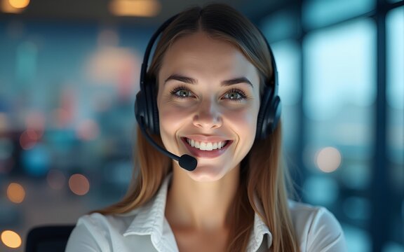 Female call center representative with a headset and a happy smile, detailed urban skyline background, bright and professional, tech support focus. High quality