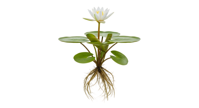 White water lily plant, with visible root system and green lily pads, isolated on transparent background, cutout, PNG