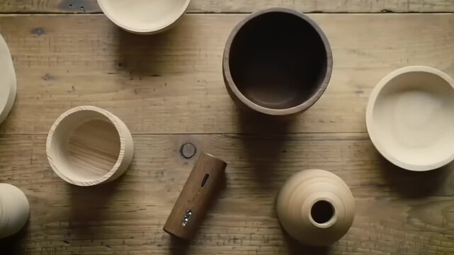 Wooden kitchenware on a rustic table.