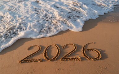 2026 written in sand on beach with sea foam illustration