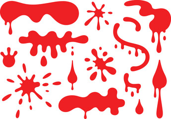 Red liquid dripping splatter vector set with dripping stains, splash shapes, smear elements, horror blood effect design for decoration