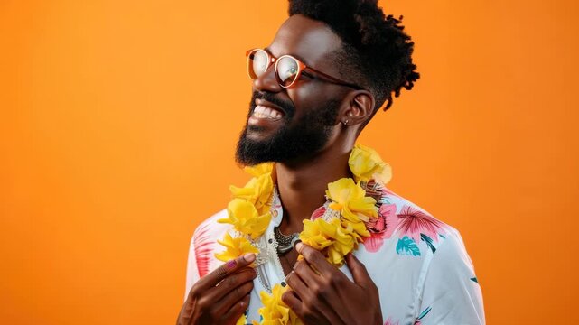 Smiling man wearing a lei of yellow flowers, sunglasses, and a patterned shirt, with cheerful expression.