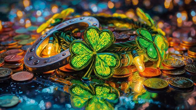 Lucky Shamrock Wreath with Horseshoe and Gold Coins for St. Patrick s Day Celebration, vibrant green shamrocks, horseshoe, and gold coins in festive display